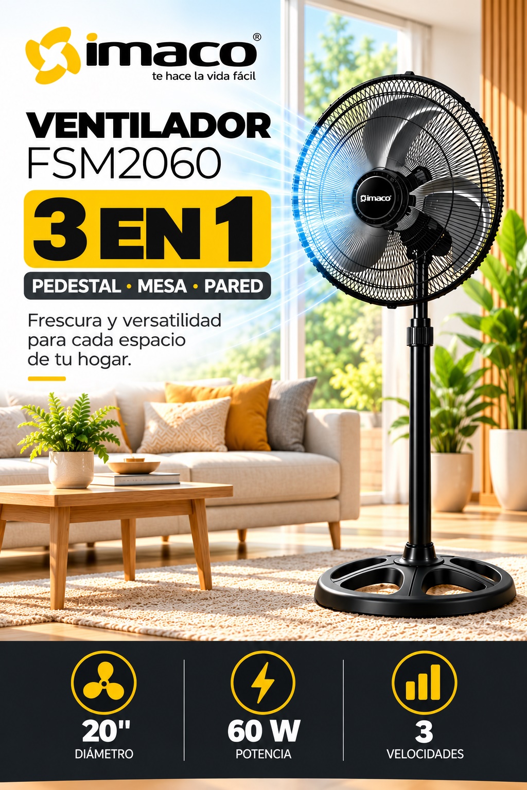 Ventilador Imaco FSM2060 3 en 1 Pedestal Mesa y Pared