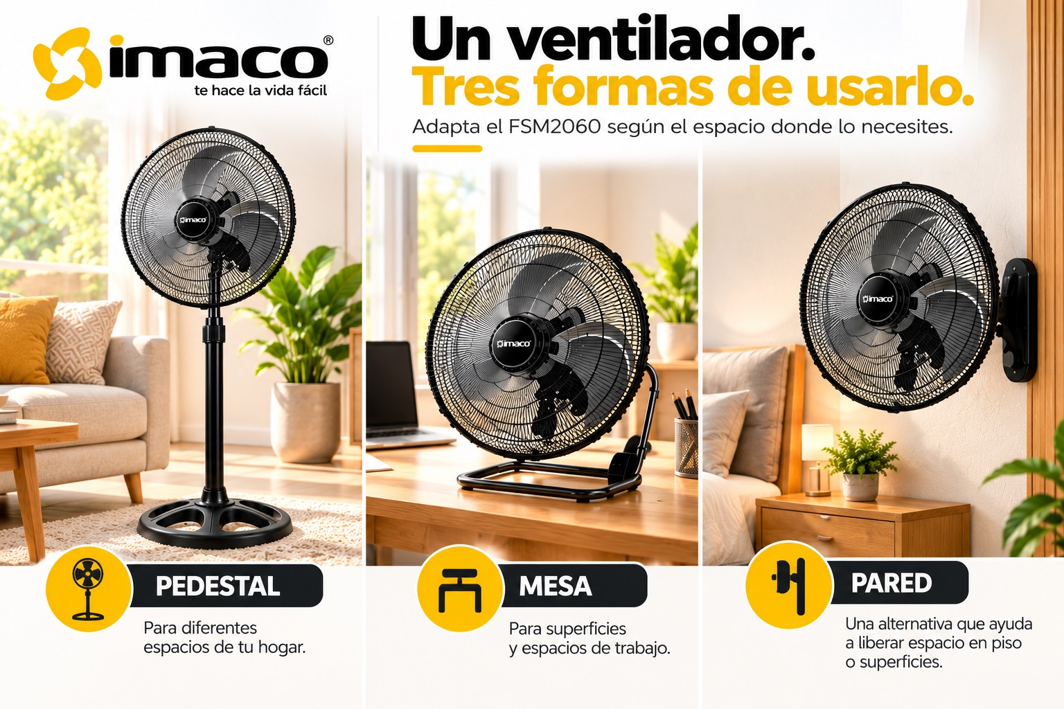 Ventilador Imaco FSM2060 tres formas de uso Pedestal Mesa Pared