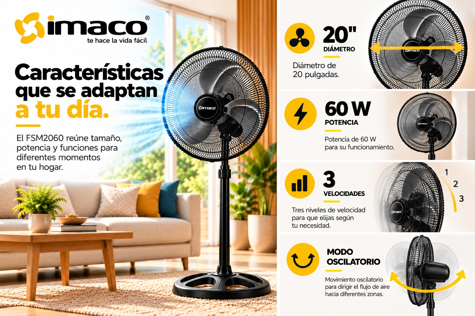 Ventilador Imaco FSM2060 20 pulgadas 60W 3 velocidades modo oscilatorio